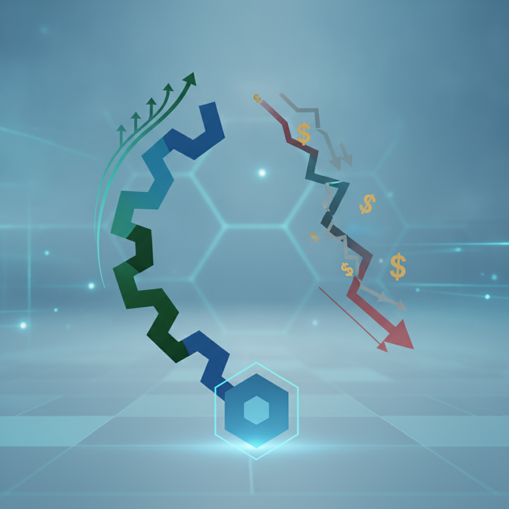 Abstract business illustration showing two diverging paths: one path with multiple upward arrows representing efficient retention of existing clients, the other path with scattered dollar signs and declining trend lines representing expensive new client acquisition. Use a professional color palette with blues and greens, geometric shapes, no human figures.
