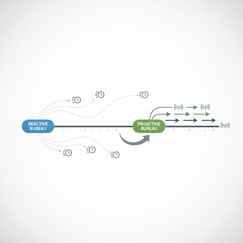Professional business diagram showing two recruitment bureaus represented as abstract nodes: one reactive bureau responding late (indicated by delayed clock symbols), one proactive bureau positioned ahead (indicated by forward-pointing arrows and early signal indicators). Clean, modern vector style with emphasis on timeline and competitive positioning.