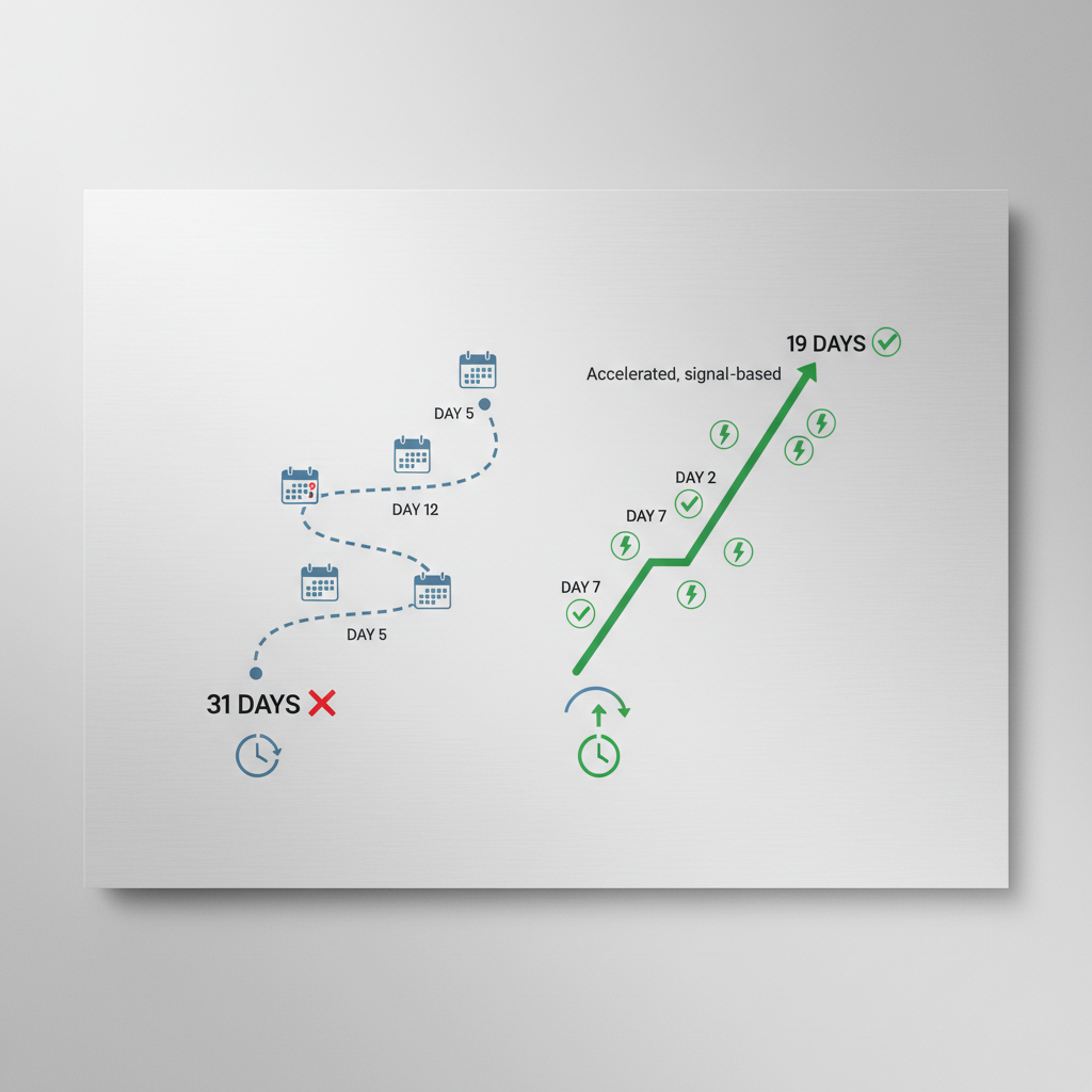 Minimalist B2B illustration comparing two recruitment outreach timelines side-by-side: one showing a delayed, slower outreach path (19 vs 31 days), depicted as a winding line with calendar markers; the other showing an accelerated, signal-based path reaching targets faster. Include subtle elements like clock icons, checkmarks, and upward trending indicators. Professional corporate style without human figures.