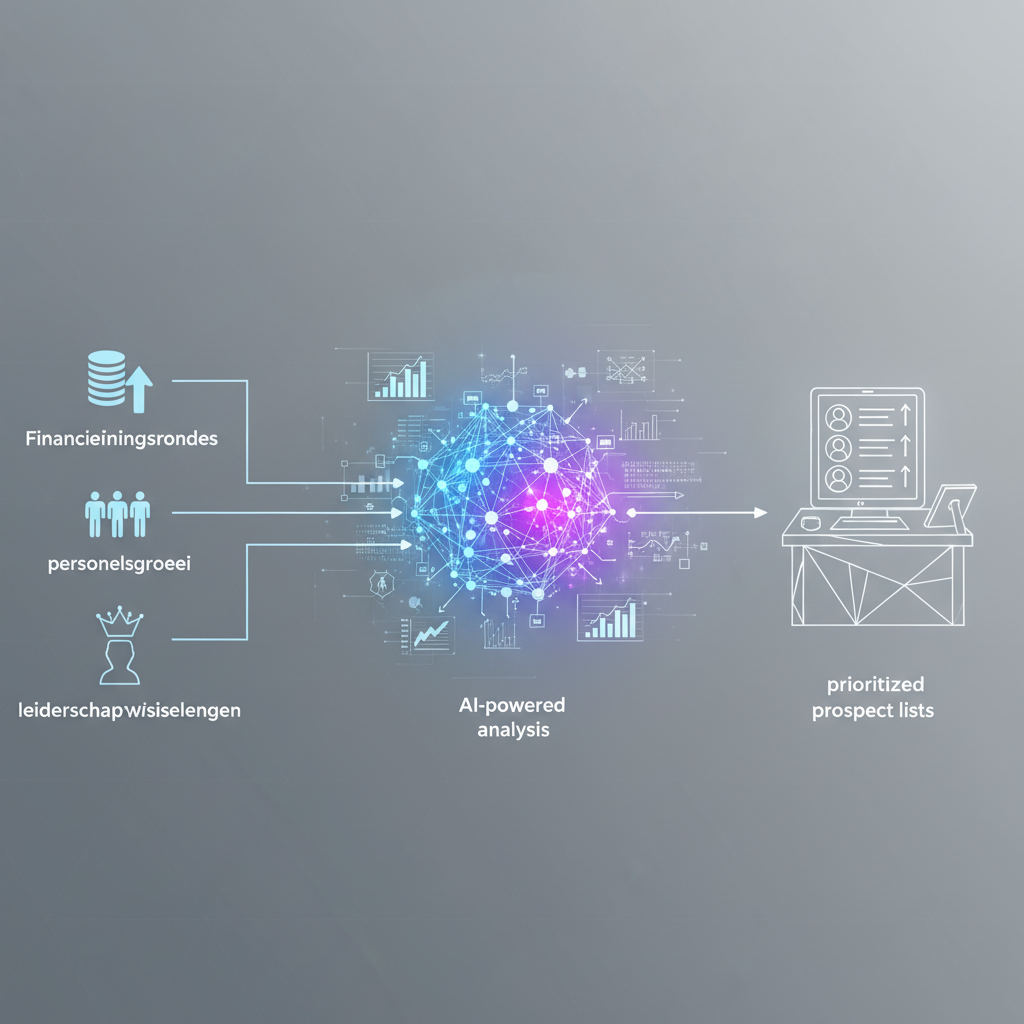 Professional B2B conceptual diagram showing a timeline or funnel visualization: on the left side, generic hiring triggers (financieringsrondes, personeelsgroei, leiderschapswisselingen) depicted as icons; in the center, an AI-powered analysis visualization with connected nodes and data flow; on the right side, a recruitment manager receiving prioritized prospect lists. Use a tech-forward design with charts and geometric elements. No realistic people.