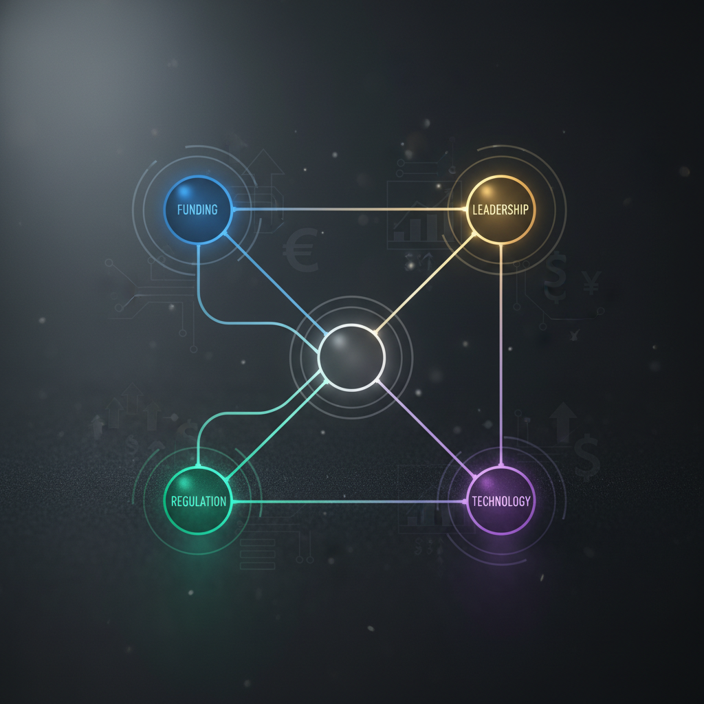 Abstract B2B illustration of four interconnected nodes or signal markers representing different data sources (funding, regulation, leadership, technology), connected by clean lines on a dark background with subtle financial sector iconography, no text, no human faces, no brand logos