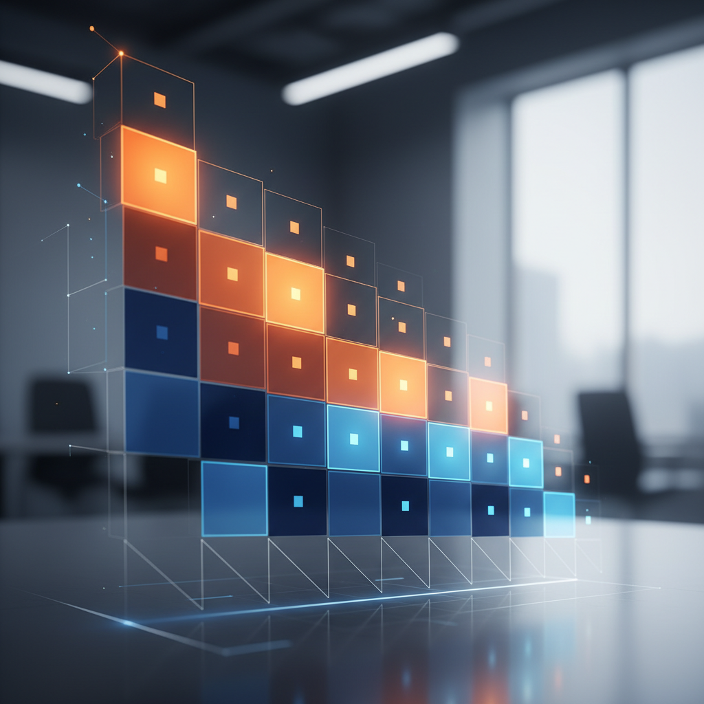 Conceptual B2B illustration of a ranked prioritised list or heat map grid with colour-coded intensity markers, representing company scoring and business development pipeline prioritisation, abstract and data-driven, blue and amber palette, no faces, no logos, no readable text