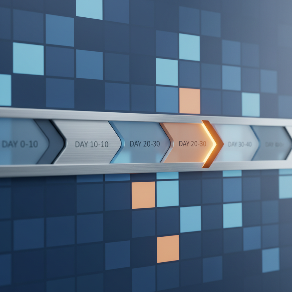 Conceptual B2B illustration of a timeline bar divided into segments, with a distinct marker at the 20-30 day predictive window zone highlighted in amber. Abstract calendar or heat-map grid in the background. Represents the advantage period for outreach. Modern, clean, no human figures or brand identifiers.