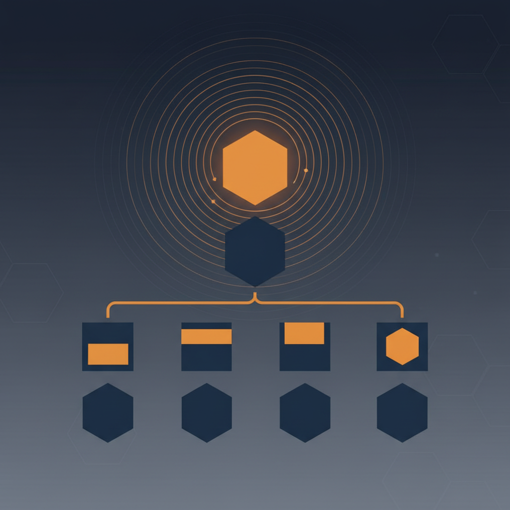 Professional B2B conceptual illustration showing an abstract organisational chart with a highlighted node at the top shifting position, surrounded by ripple lines indicating downstream change. Muted navy and amber colour palette. Clean, minimal, data-informed aesthetic. No human faces, no brand logos, no text.