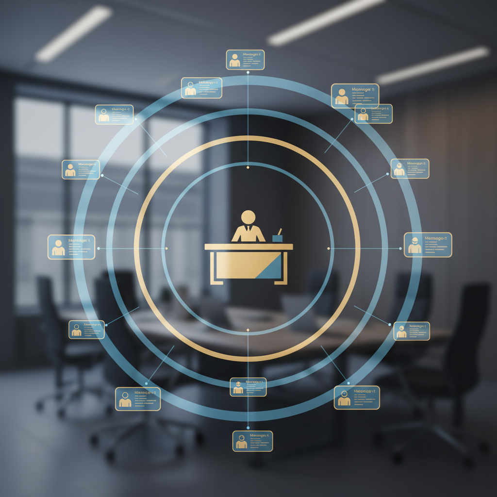 Abstract B2B illustration of three overlapping signal waves or radar rings emanating from a central executive desk icon, with smaller role-card shapes appearing in the outer rings. Represents the cascade of hiring activity from a single leadership appointment. Cool blue and warm gold tones. Minimal, conceptual, no faces or logos.