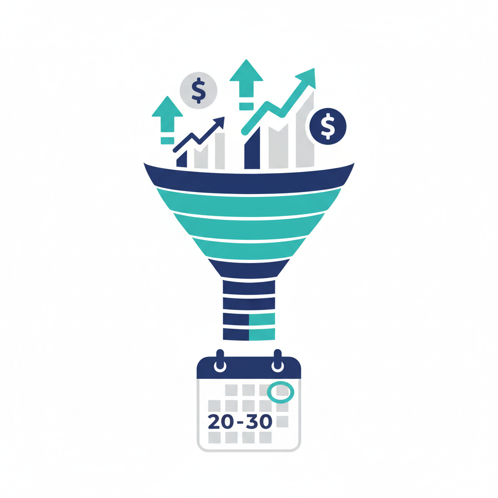 Conceptual B2B illustration of a recruitment agency BD funnel built from layered signal icons: funding symbols, leadership change arrows, and headcount growth bars stacking into a single ranked list flowing into a calendar marked 20-30 days ahead. Abstract and data-themed, clean white background, dark blue and teal accents, no photorealistic elements. make it kind of fun.