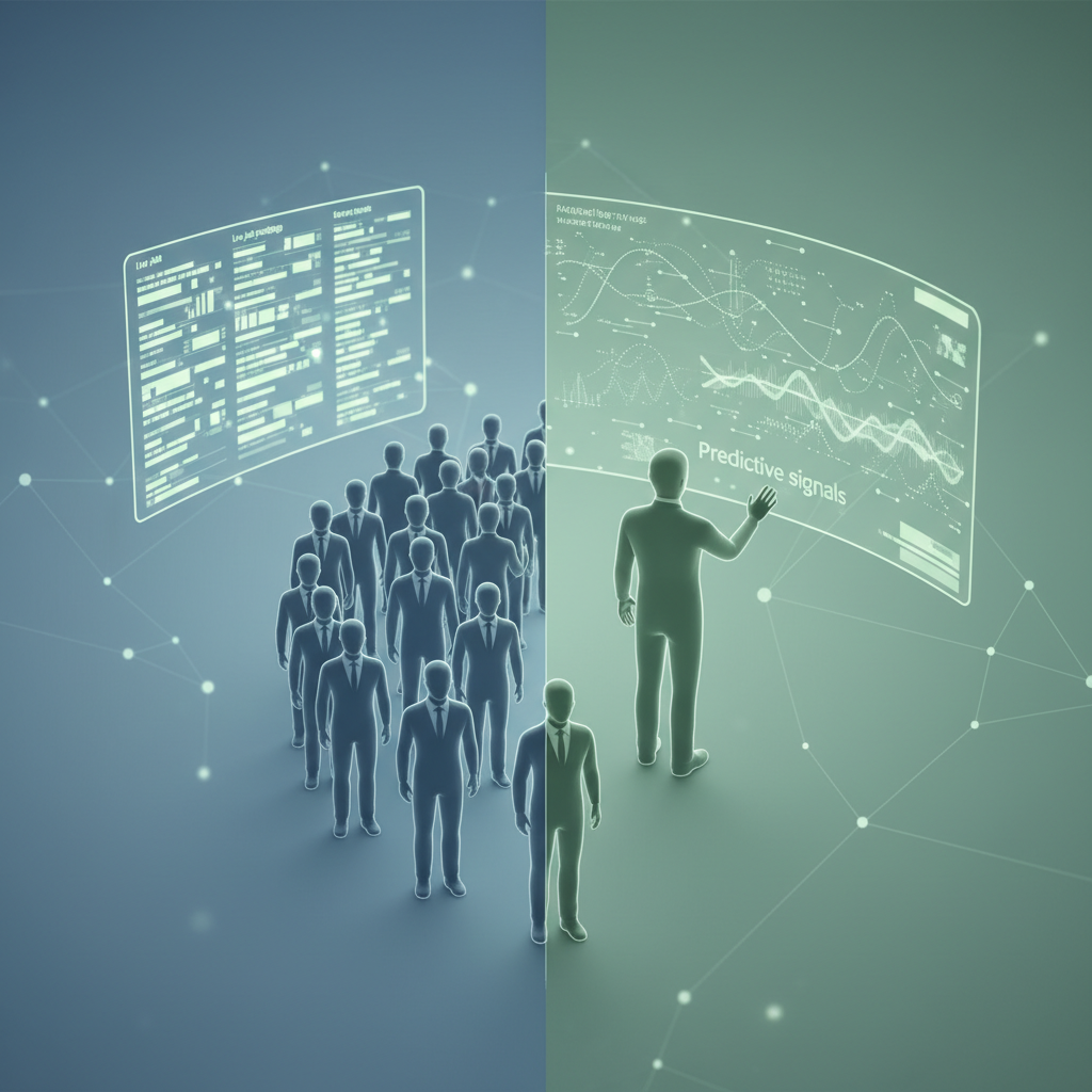 Professional B2B conceptual illustration of a split timeline: left side shows a slow, reactive queue of identical figures waiting at a board showing live job postings; right side shows a single figure ahead of the queue, reviewing predictive signals on an abstract data dashboard. Clean, minimal style, muted blues and greens, no faces, no logos, no text.