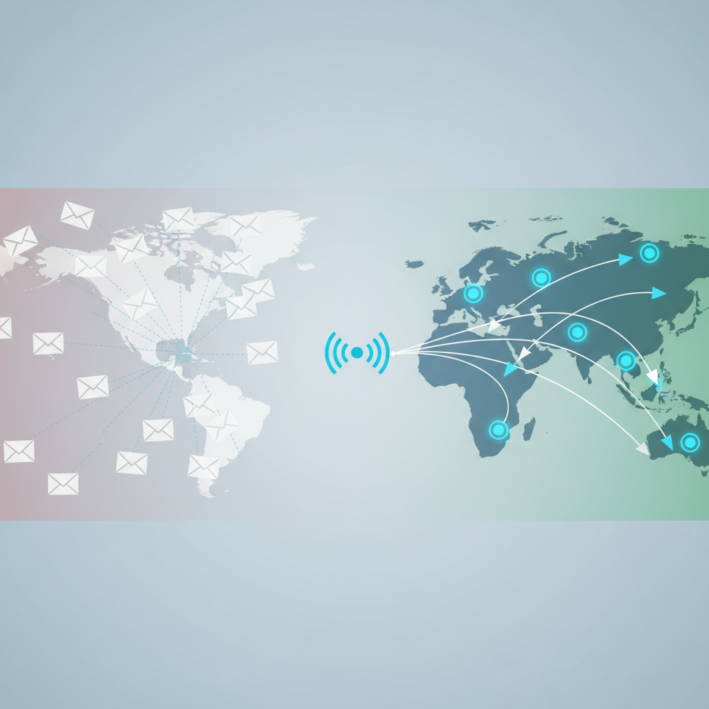 Abstract B2B illustration of two contrasting outreach approaches: one shows a scattergun spray of identical envelopes across a grey map with low connection rates; the other shows precise, targeted signal-triggered arrows connecting to highlighted company nodes. Modern flat design, cool corporate palette, no human figures, no brand logos.