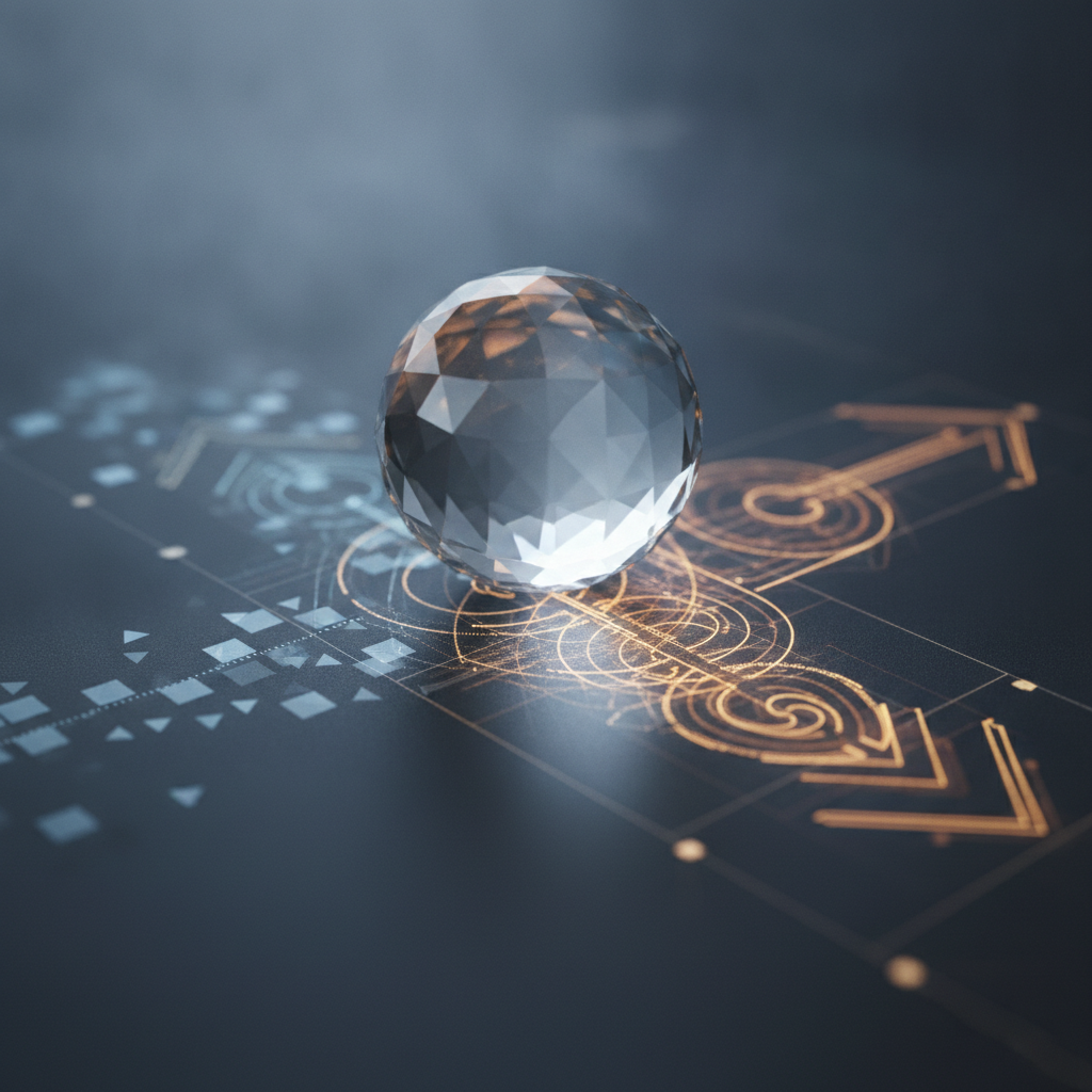 Abstract conceptual illustration of a crystal ball or magnifying glass hovering over layered data streams, showing past data points flowing into future predictions. Use muted blues, grays, and amber tones. No people, no faces. Represent data as geometric patterns and flowing lines.