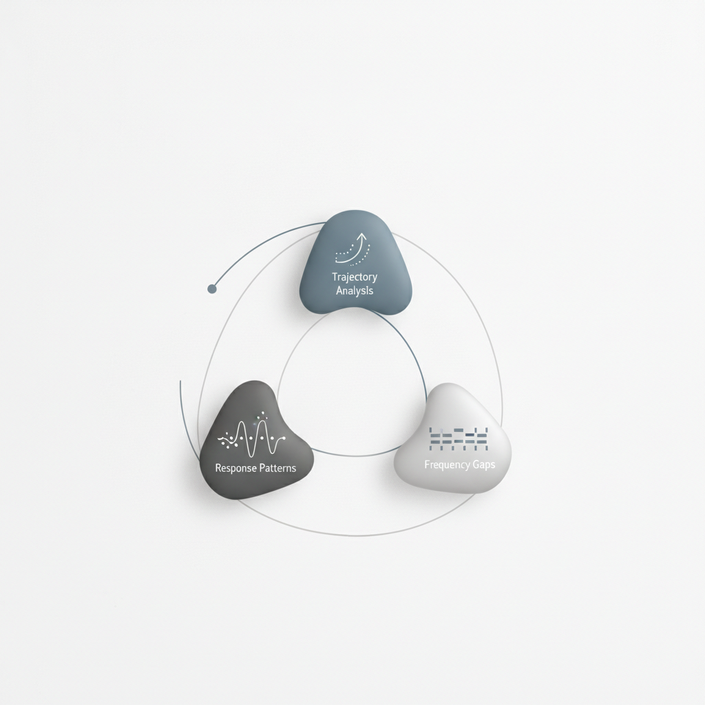 Minimalist diagram showing three interconnected nodes or pathways representing different types of signals (response patterns, trajectory analysis, frequency gaps). Use clean lines and neutral professional colors like slate, charcoal, and soft silver. Style should be technical but approachable.