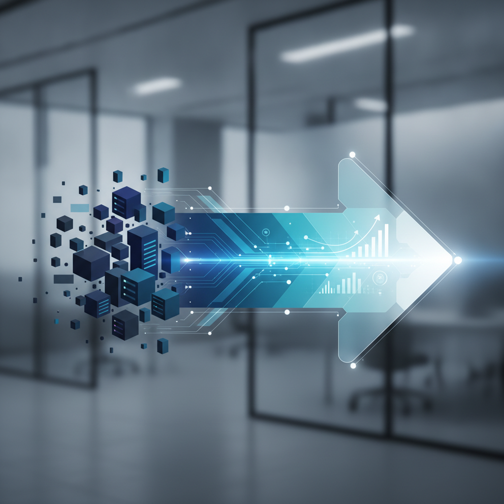 Conceptual illustration of a CRM system or database transforming into a forward-facing arrow or timeline. Show information flowing from historical records into future-oriented insights. Use professional gradients transitioning from past (darker) to future (lighter). Avoid any human figures or branded elements.