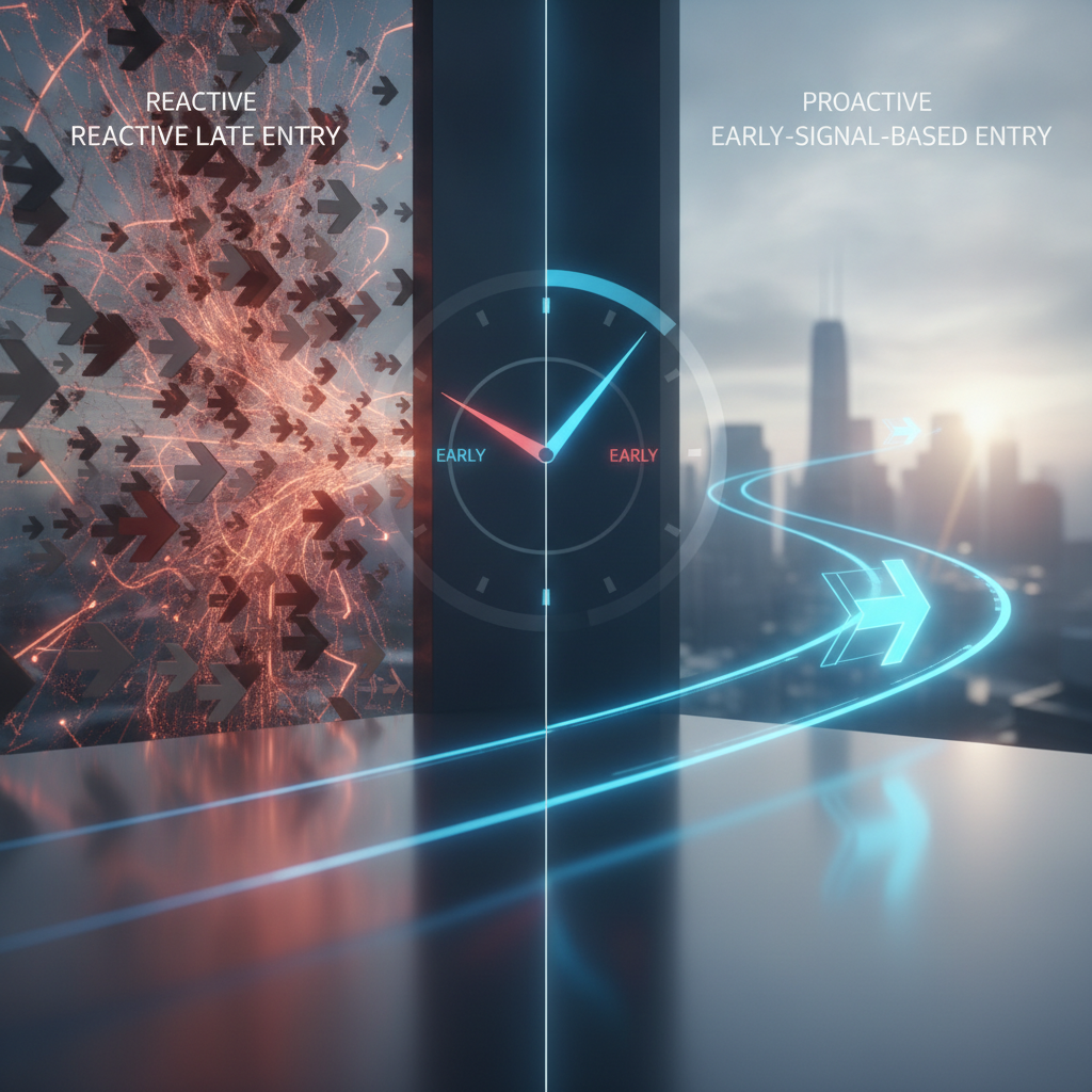 Strategic advantage illustration showing the competitive positioning of recruitment agencies: one side depicts reactive late entry (crowded, competitive), the other depicts proactive early-signal-based entry (clear advantage). Use split-screen or layered abstract design with business-relevant metaphors like pathways, competitive positioning, or market timing cycles. No people, focus on strategic timing and information advantage.