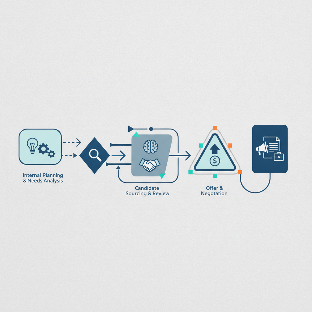 Abstract illustration of a timeline or funnel showing a company's hiring decision cycle, with early-stage signals on the left side gradually progressing toward a visible job posting on the right. Use geometric shapes, arrows, and conceptual icons (no people) to represent the progression from internal planning to public advertisement. Color scheme: professional blues and grays with accent colors for key decision points.
