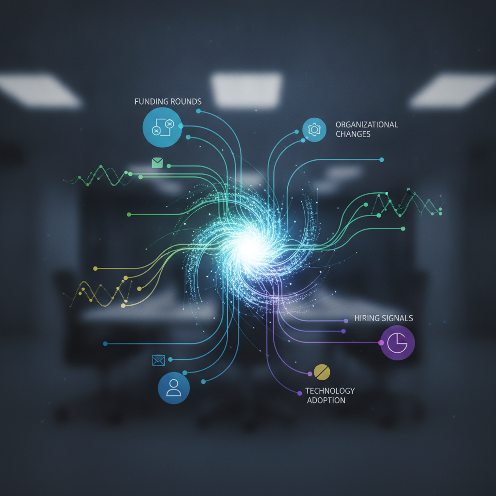 Conceptual business intelligence dashboard or data visualization showing multiple layers of hiring signals (funding rounds, organizational changes, technology adoption, etc.) as interconnected nodes or data streams. Abstract representation of predictive intelligence gathering. Use clean, modern design with minimal iconography—no human faces, focus on data flow and signal detection patterns.