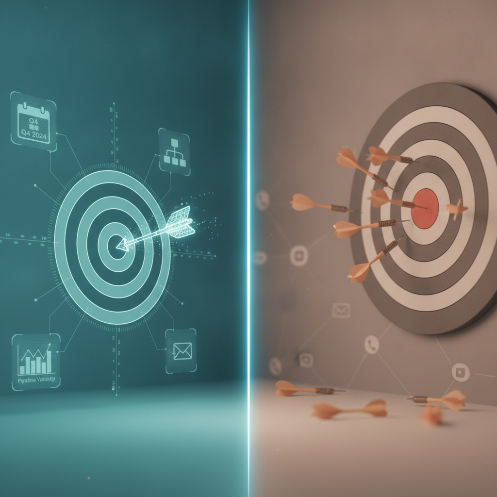 Split-screen comparison visualization: left side shows a targeted arrow hitting a bullseye with contextual data elements (calendar, organizational charts), right side shows scattered darts missing a target, representing the impact difference between warm context-based calls and generic cold outreach
