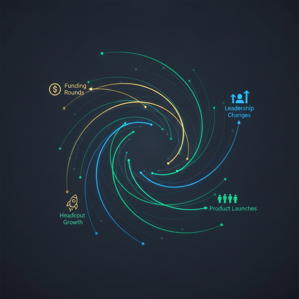 Abstract illustration of interconnected data nodes and flowing indicators representing hiring signals—funding rounds, leadership changes, headcount growth, product launches—visualized as glowing pathways on a dark background, suggesting predictive market analysis and business intelligence detection systems