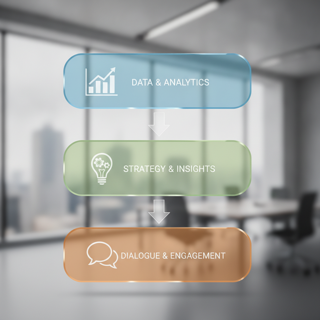 Stylized diagram showing three stacked layers labeled with icons: a graph/chart symbol, a lightbulb for strategy, and a speech bubble for dialogue, connected by arrows flowing downward, representing the progressive steps of structuring a warm BD call with professional typography