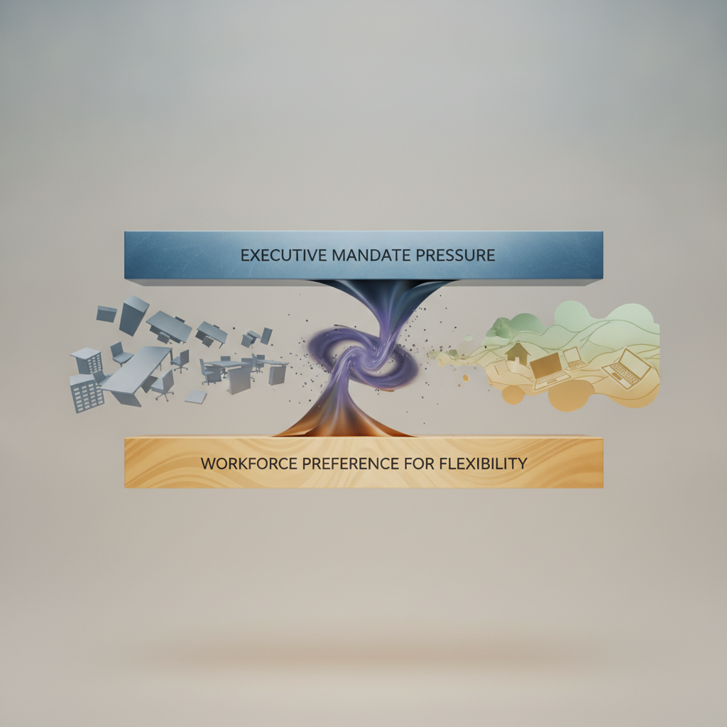 Conceptual visualization of a gap or tension: two opposing forces or bars (representing executive mandate pressure versus workforce preference for flexibility) creating a space between them. Use contrasting colors and geometric abstraction. Include symbolic representations of office environments and remote work without photorealism. Concept: the structural conflict driving RTO attrition.
