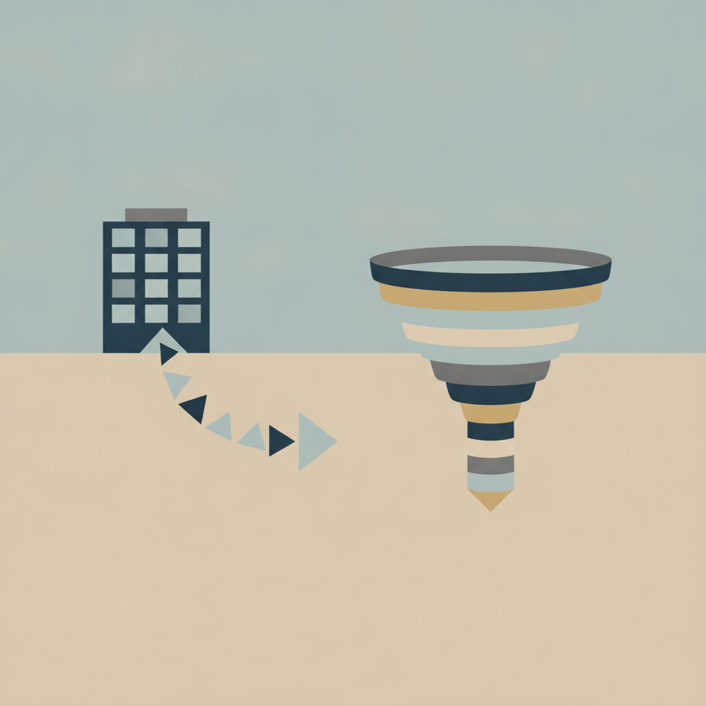 Abstract business illustration showing a diverging path metaphor: one arrow representing employee departure flowing away from an office building silhouette, while another arrow shows a recruitment funnel or talent pipeline. Use geometric shapes, muted corporate colors (blues, grays, warm neutrals), and clean lines. No human faces. Concept: the gap between RTO mandate triggering departures and recruitment need emerging.