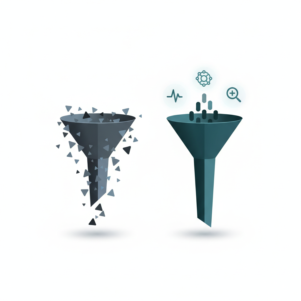 Professional B2B conceptual illustration showing two funnels side by side: the left funnel is wide at the top with most leads dropping out, labelled with a cold-grey tone; the right funnel is narrower but more leads pass through, with signal icons (pulse line, magnifying glass, network node) feeding into its top. Abstract and minimal. Dark teal and slate blue palette on white. No human faces, no text, no brand logos.