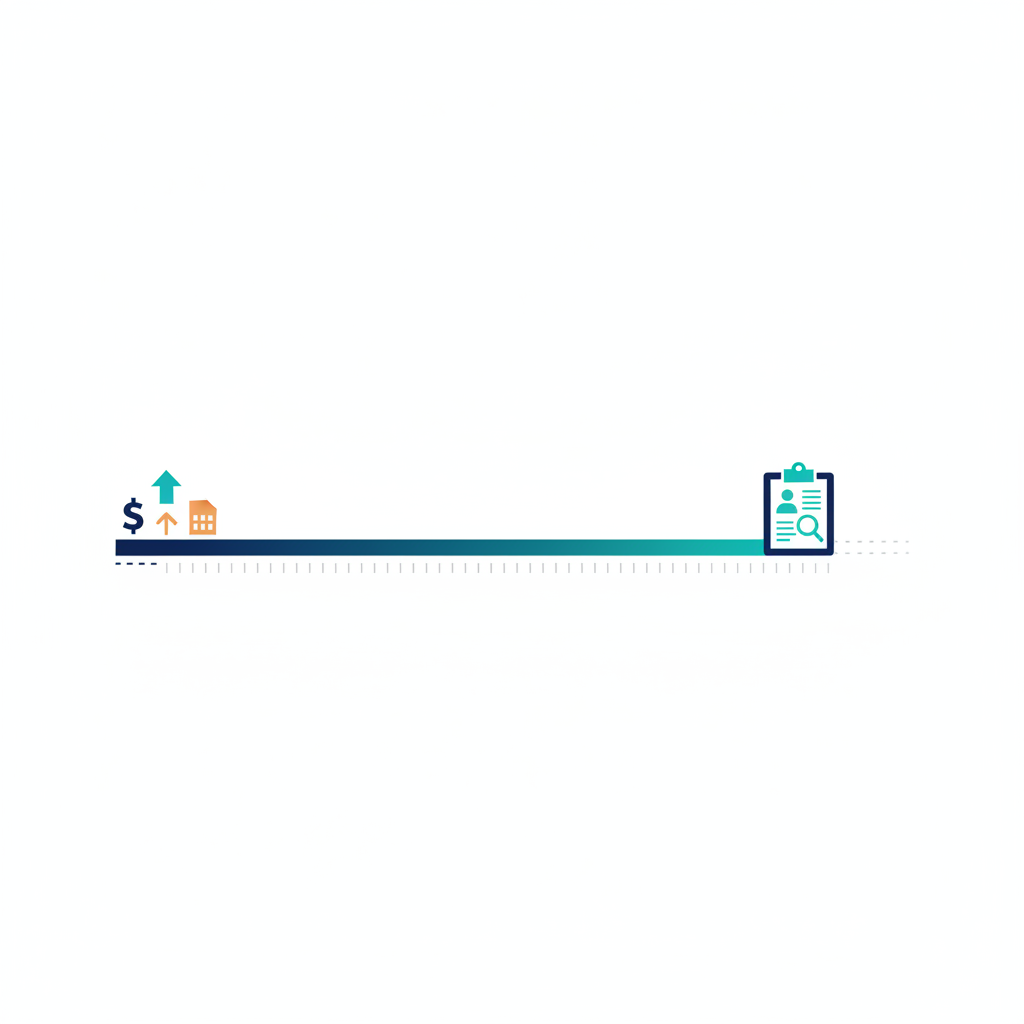 Abstract B2B conceptual illustration of a timeline or horizontal bar showing a 20-30 day predictive window marked before a job posting icon appears. Small signal indicators (funding symbol, upward arrow, building icon) cluster at the start of the timeline. Clean, modern, flat design style. Colour palette: white background, navy, teal, and amber accents. No human faces, no text, no logos.