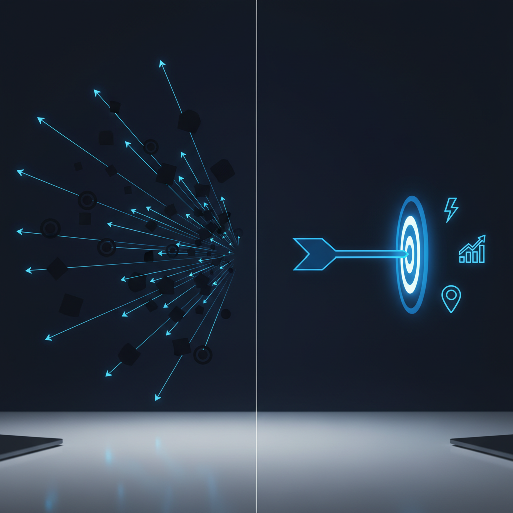 Professional B2B conceptual illustration contrasting two approaches to sales outreach: one side shows a scatter-gun pattern of outgoing arrows hitting random targets, the other shows a single focused arrow hitting a highlighted target with signal icons (lightning bolt, growth chart, location pin) clustered around it. Abstract, minimal, dark navy and electric blue colour palette. No human faces, no text, no brand logos.