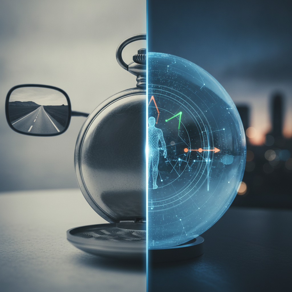 Split-screen visualization contrasting backward-facing clock or rear-view mirror (representing lagging indicators) on the left with forward-looking radar or crystal ball imagery (representing leading indicators) on the right