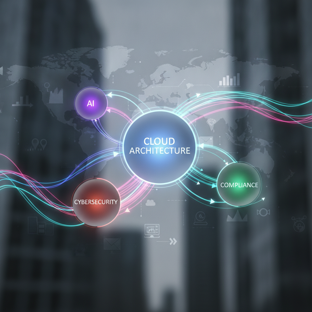 Conceptual diagram showing interconnected nodes labeled with skill types (cloud architecture, AI, cybersecurity, compliance) connected by flowing paths, representing how flexible demand signals move through different sectors and industries
