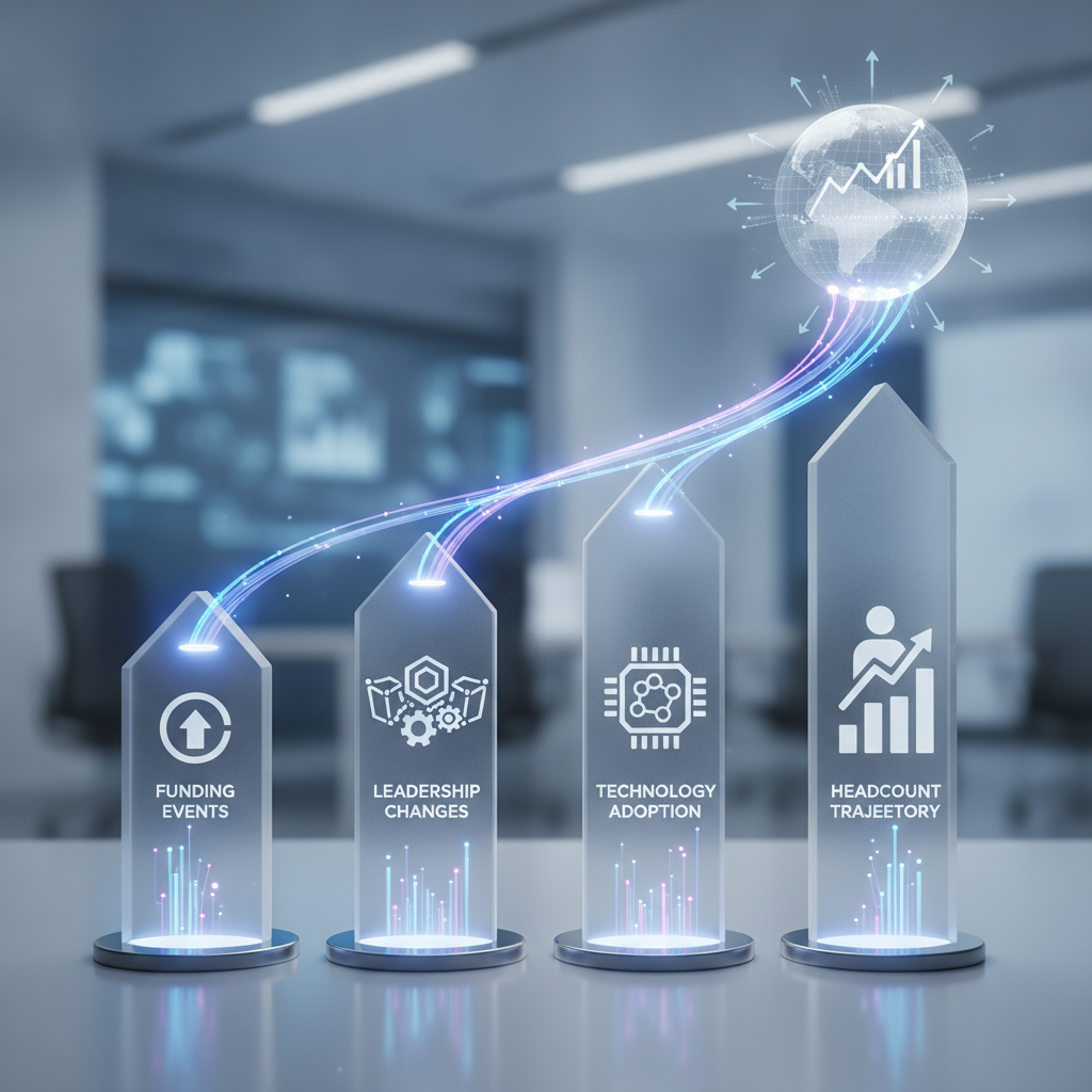 Conceptual diagram showing four pillars or categories: funding events, leadership changes, technology adoption, and headcount trajectory. Each pillar represented as a distinct abstract icon or geometric shape with connecting data streams flowing upward into a consolidated intelligence point. Use professional corporate design with icons that are symbolic rather than literal. Include subtle data visualization elements like graphs or upward arrows to suggest predictive intelligence. No people or logos.