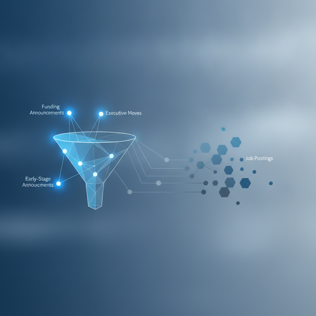 Abstract illustration of a timeline or funnel showing information flow: on the left side, early-stage business signals (funding announcements, executive moves) depicted as glowing nodes; on the right side, delayed signals (job postings on digital platforms) shown dimmer and further away. Use geometric shapes and connecting lines to show the timing gap between leading and lagging indicators. Professional corporate color palette with blues and grays. No human figures.
