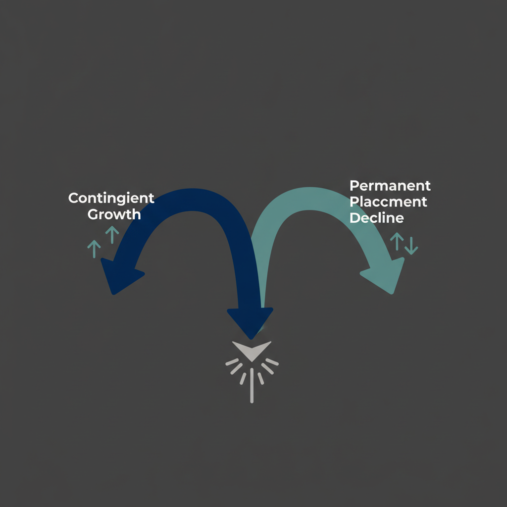 Abstract infographic showing diverging arrow paths labeled 'Contingent Growth' and 'Permanent Placement Decline', with upward and downward trajectories, using professional business color palette of navy, teal, and gray, illustrating market shift data visualization