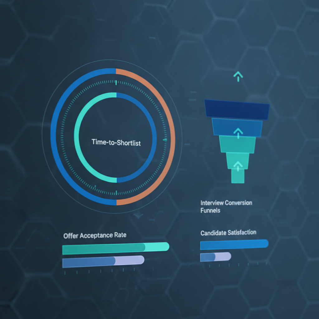 Abstract dashboard or metrics visualization showing overlapping performance indicators like time-to-shortlist gauges and interview conversion funnels, depicted as clean geometric charts and progress indicators in corporate blue and accent colors, no human figures