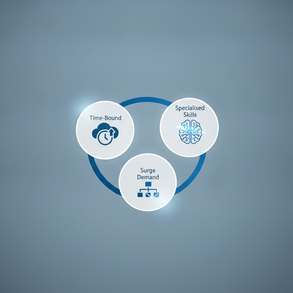 Conceptual diagram showing three interconnected circles representing 'Time-Bound', 'Specialised Skills', and 'Surge Demand', with icons for cloud infrastructure, AI circuits, and workflow processes, clean minimalist style with professional business graphics