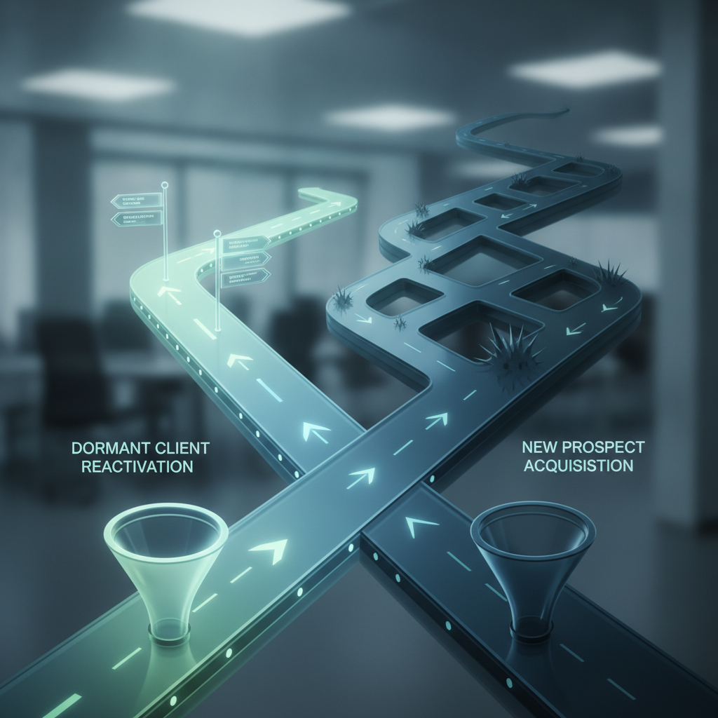 Abstract illustration showing two diverging paths: one labeled 'Dormant Client Reactivation' with a shorter, well-lit corridor with familiar signposts; the other labeled 'New Prospect Acquisition' with a longer, darker maze-like path. Use muted blues and greens with directional arrows. Conveyor belt or funnel metaphor optional. No people.