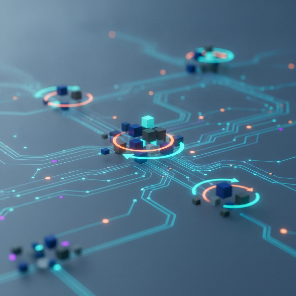Abstract illustration of interconnected nodes and flowing data streams representing autonomous systems making decisions across multiple stages. Show circular arrows indicating feedback loops and adaptive decision-making paths, with no human figures or brand identifiers. Use blues, greys, and accent colors to convey intelligent automation flowing through organizational layers.