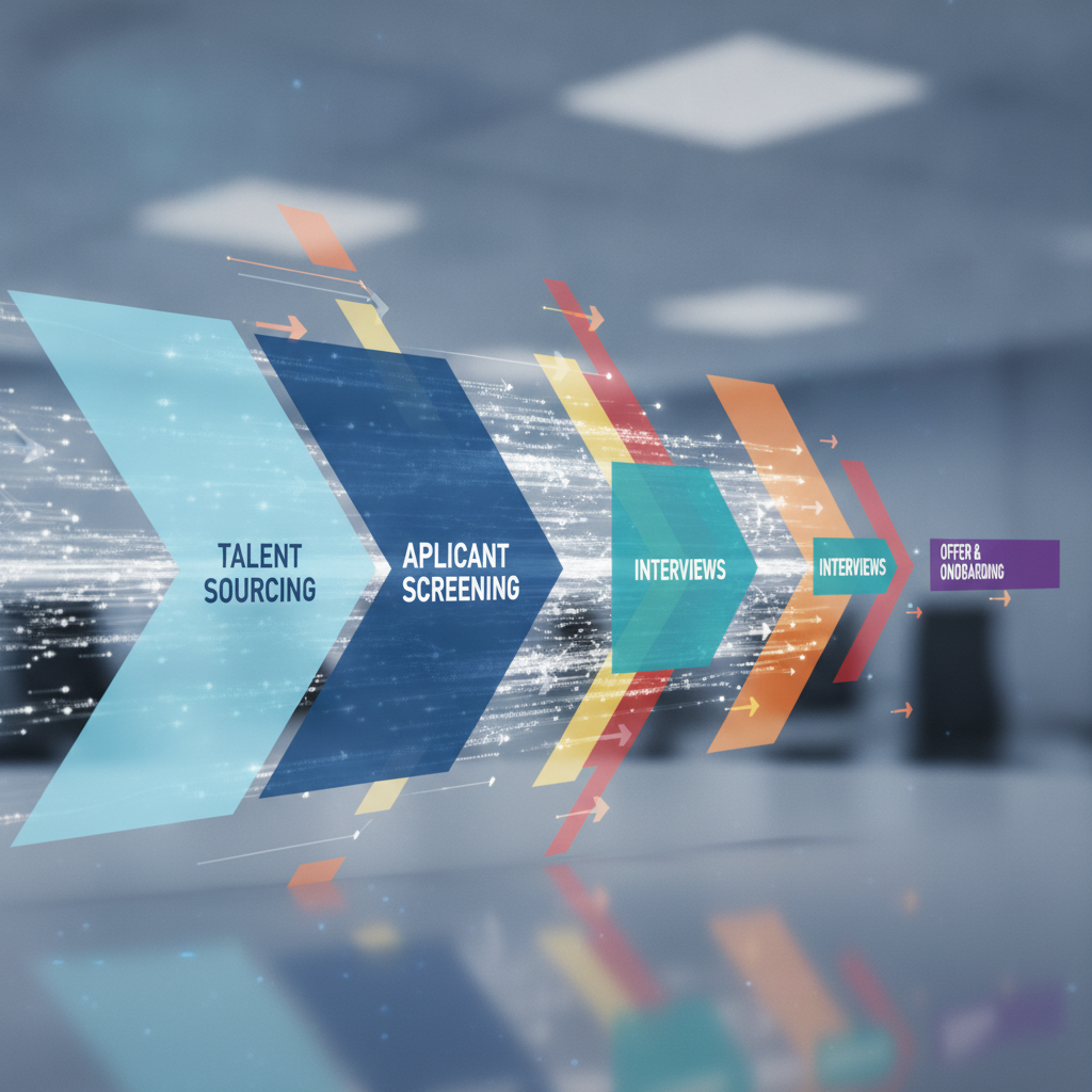 Conceptual timeline graphic showing accelerated recruitment funnel stages with layered information flowing through talent acquisition processes. Depict compression of traditional hiring windows with visual indicators of speed and data density, using abstract geometric shapes and arrows to represent faster candidate flow and coordinated workflows. No people or realistic scenarios.