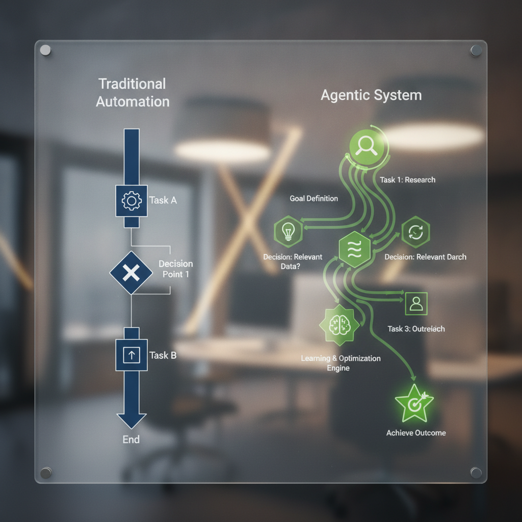 Side-by-side comparison visualization showing two parallel workflow paths: one linear and rigid (traditional automation) contrasted with one dynamic and branching (agentic systems). Include icons representing tasks, decision points, and adaptive routing without depicting people. Use contrasting visual styles to emphasize the structural difference between fixed-rule and goal-driven systems.