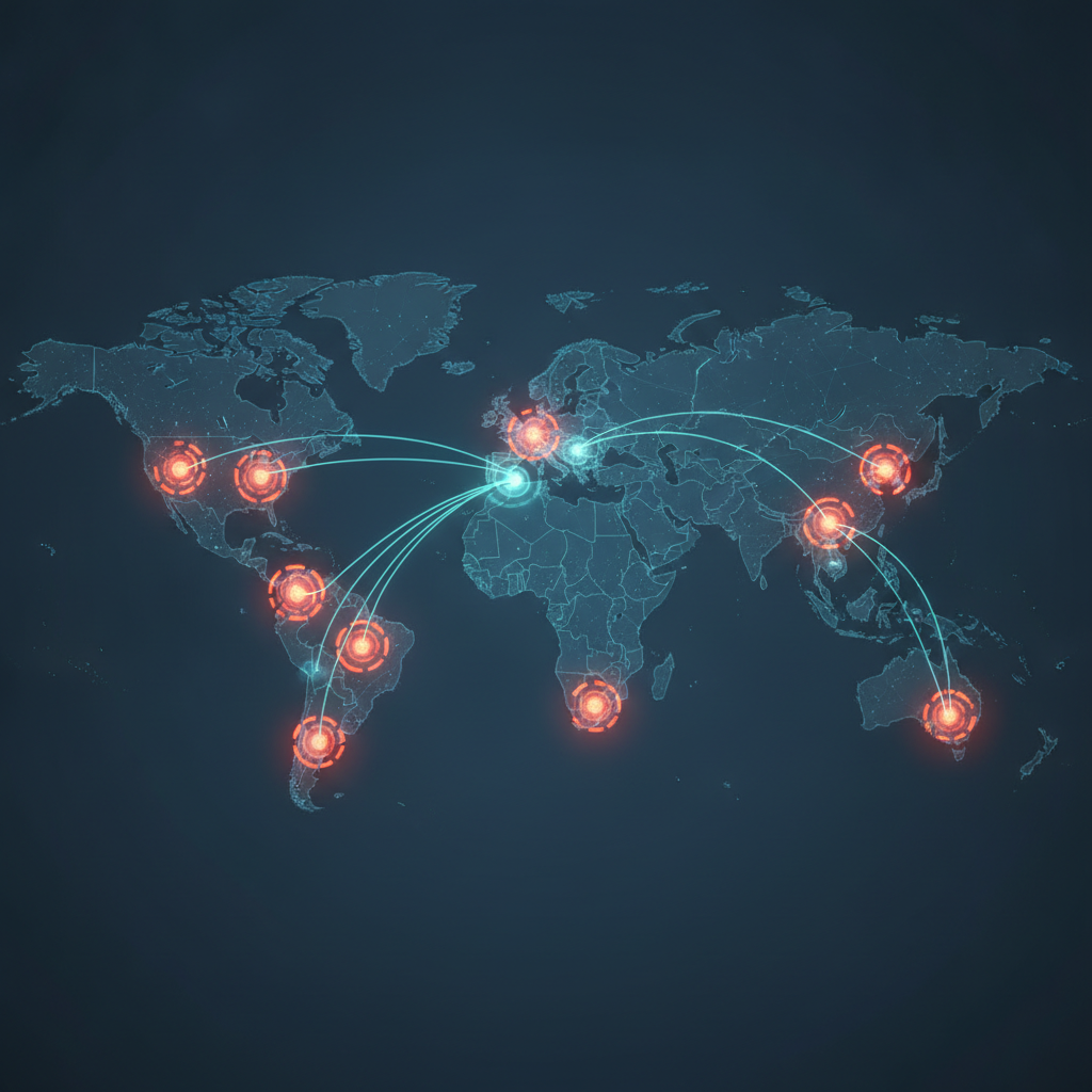 Stylized world map or multi-city network visualization with pulsing indicators appearing in different geographic regions to show emerging hiring hotspots. Abstract nodes and connecting lines suggest corporate expansion into new territories. Professional, data-visualization aesthetic with no photorealistic elements.