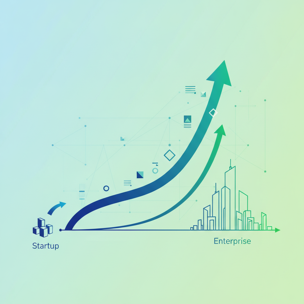 Abstract illustration of an upward acceleration curve overlaid with hiring metrics: a smooth line graph showing velocity increase, with organizational silhouettes at different scales (startup vs. enterprise) positioned along the x-axis to represent proportional growth comparison. Use professional blues and greens, geometric style, no human faces.