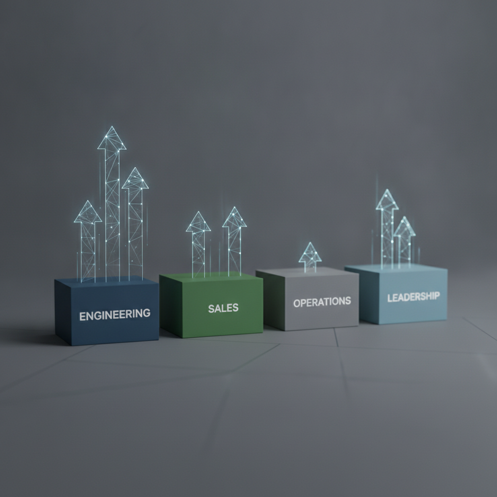 Conceptual diagram showing a corporate organizational structure broken into horizontal layers representing different departments (Engineering, Sales, Operations, Leadership) with velocity indicators—upward arrows of varying heights—positioned above each department. Represents strategic hiring intent across divisions. Clean, corporate visual style with muted colors.