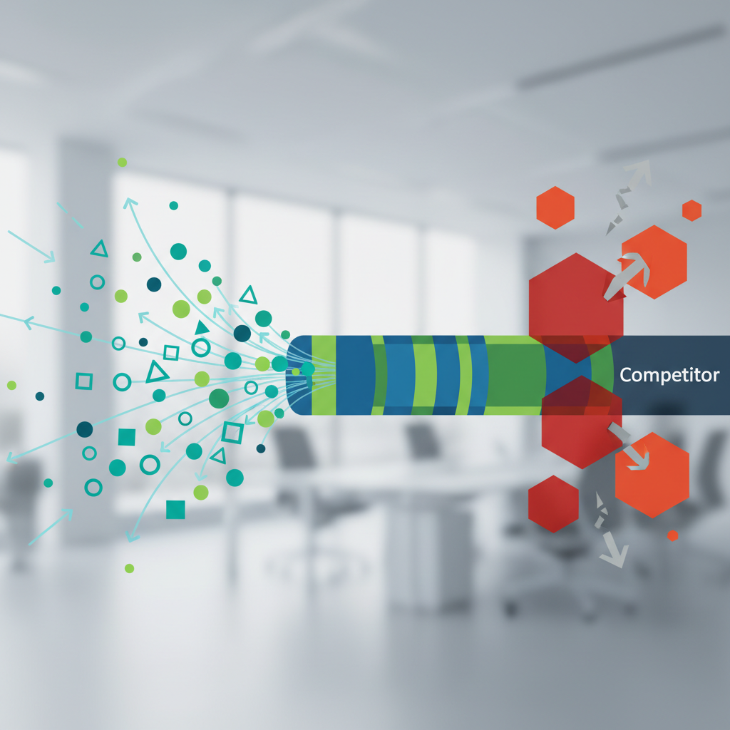 Abstract illustration of a timeline or pipeline visualization showing recruitment stages, with early-stage signals highlighted in contrast to late-stage competitor activity. Use geometric shapes and arrows to represent proactive vs reactive business development approaches. Color palette: professional blues and greens with accent colors.