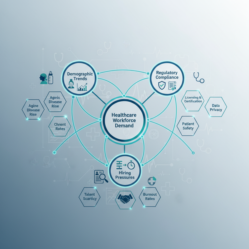 Conceptual diagram showing interconnected factors driving healthcare workforce demand: demographic trends, regulatory compliance frameworks, and hiring pressures. Depict as a network or system illustration with nodes representing different structural forces. Use healthcare-adjacent iconography (stethoscope symbols, chart elements) without photorealism.