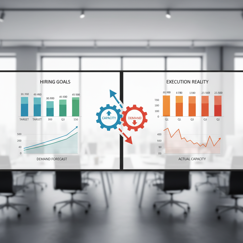 Business intelligence dashboard visualization showing hiring metrics and gaps—split screen or comparative charts illustrating the disconnect between hiring goals and execution. Include symbolic representations of staffing capacity vs demand without depicting actual people.