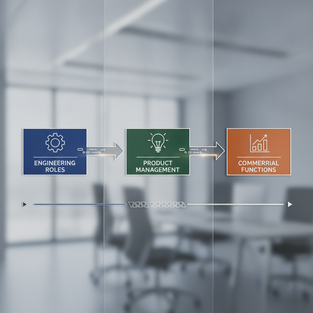 Conceptual diagram showing a timeline or pipeline with sequential blocks representing the hiring sequence in tech: engineering roles appearing first, followed by product management, then commercial functions. Include visual indicators like arrows or progression markers. Style should be corporate and data-driven, no people visible.