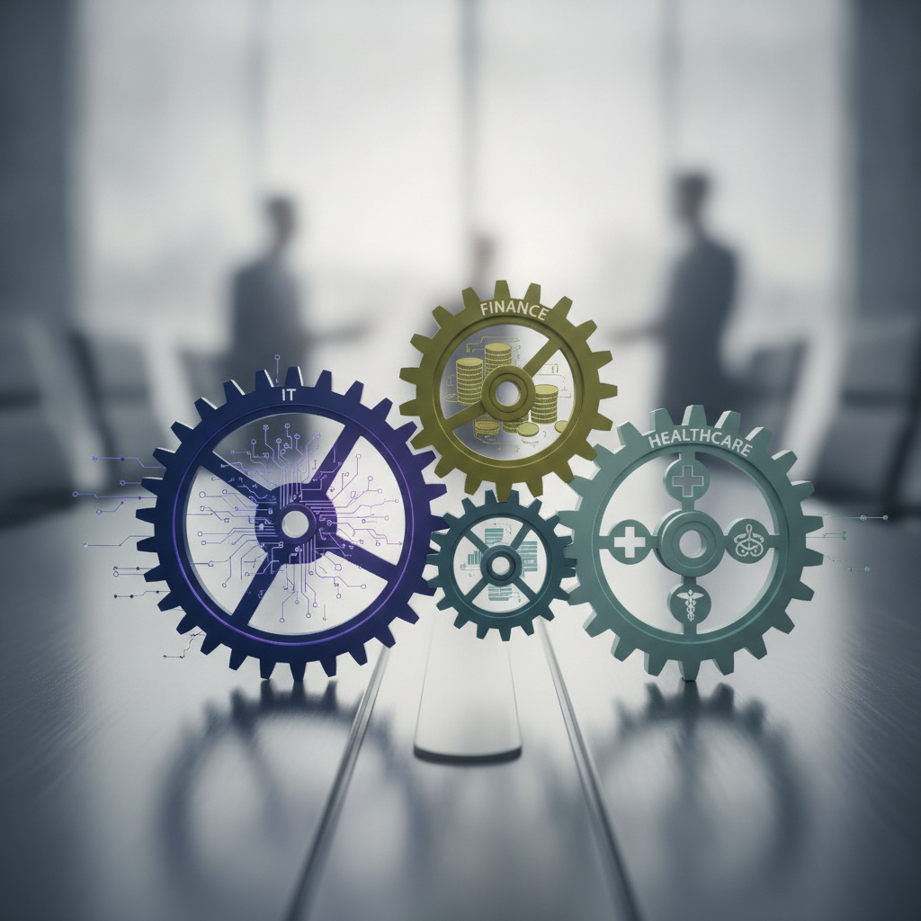 Abstract illustration showing three distinct interconnected gears or systems, each labeled or colored differently to represent IT, Finance, and Healthcare sectors. The gears should be slightly misaligned to show how each sector operates independently with different pressures and timelines. Use professional business color palette with minimal human elements.