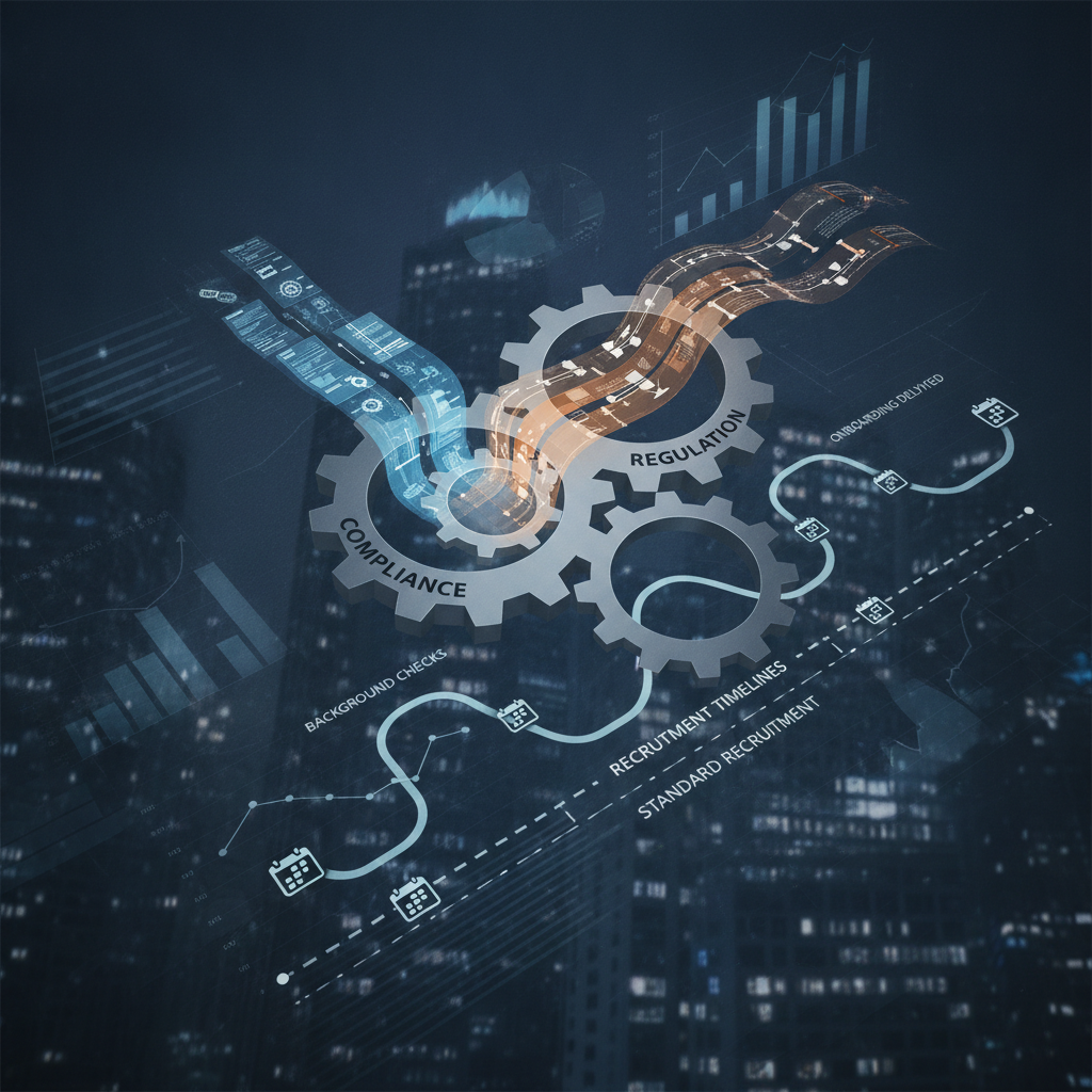 Illustration depicting the intersection of compliance, regulation, and recruitment timelines in financial services. Show interconnected elements like regulatory documents, process flows, and extended timelines visually merging together. Use professional financial sector aesthetics with charts or process diagrams, no identifiable individuals.