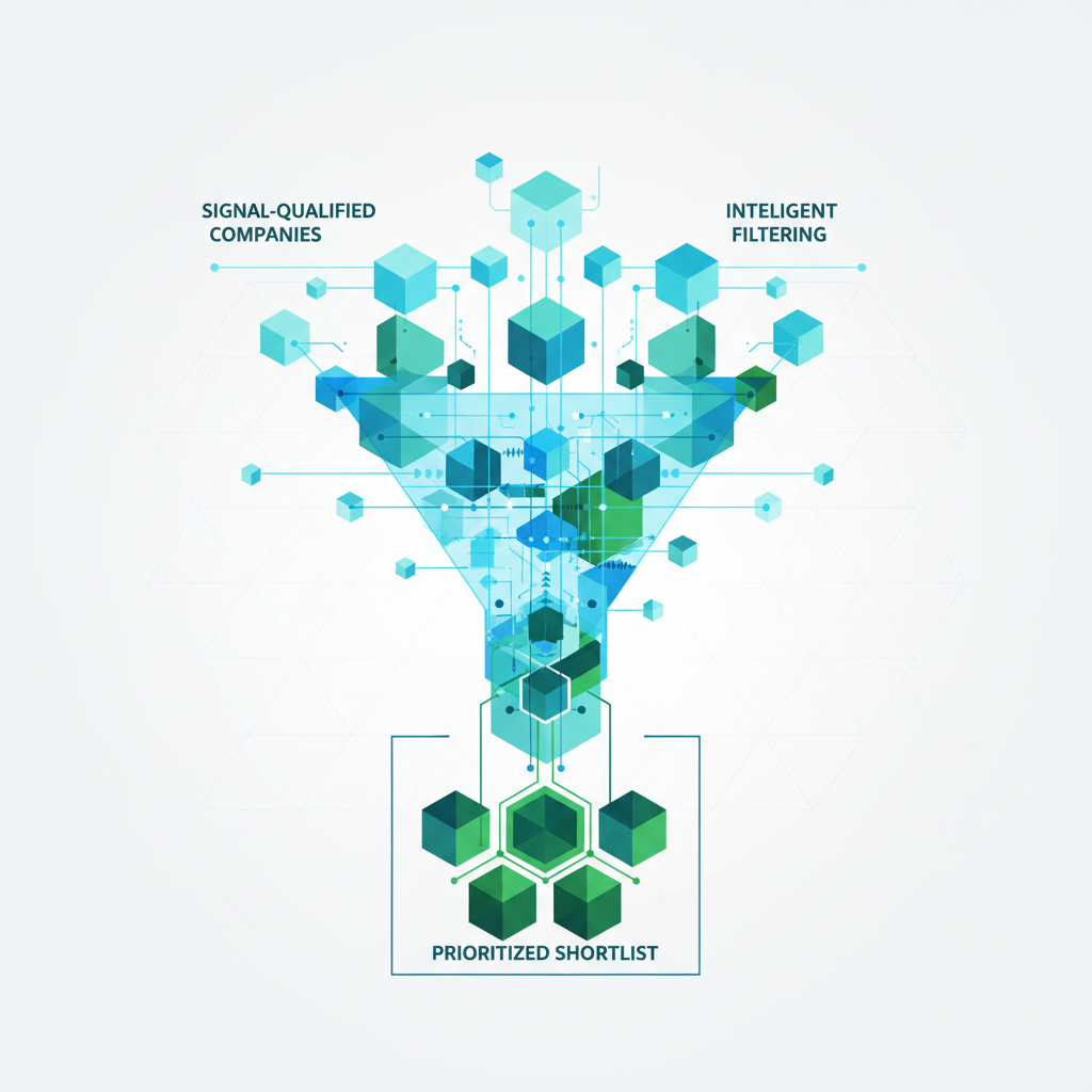 Conceptual B2B illustration of a pipeline or funnel showing signal-qualified companies at the top flowing down to a prioritised shortlist at the bottom. Abstract geometric style, clean grid lines, data-themed. Suggests prioritisation and intelligence rather than volume. Modern flat design in blues and greens. No human faces, no brand logos.