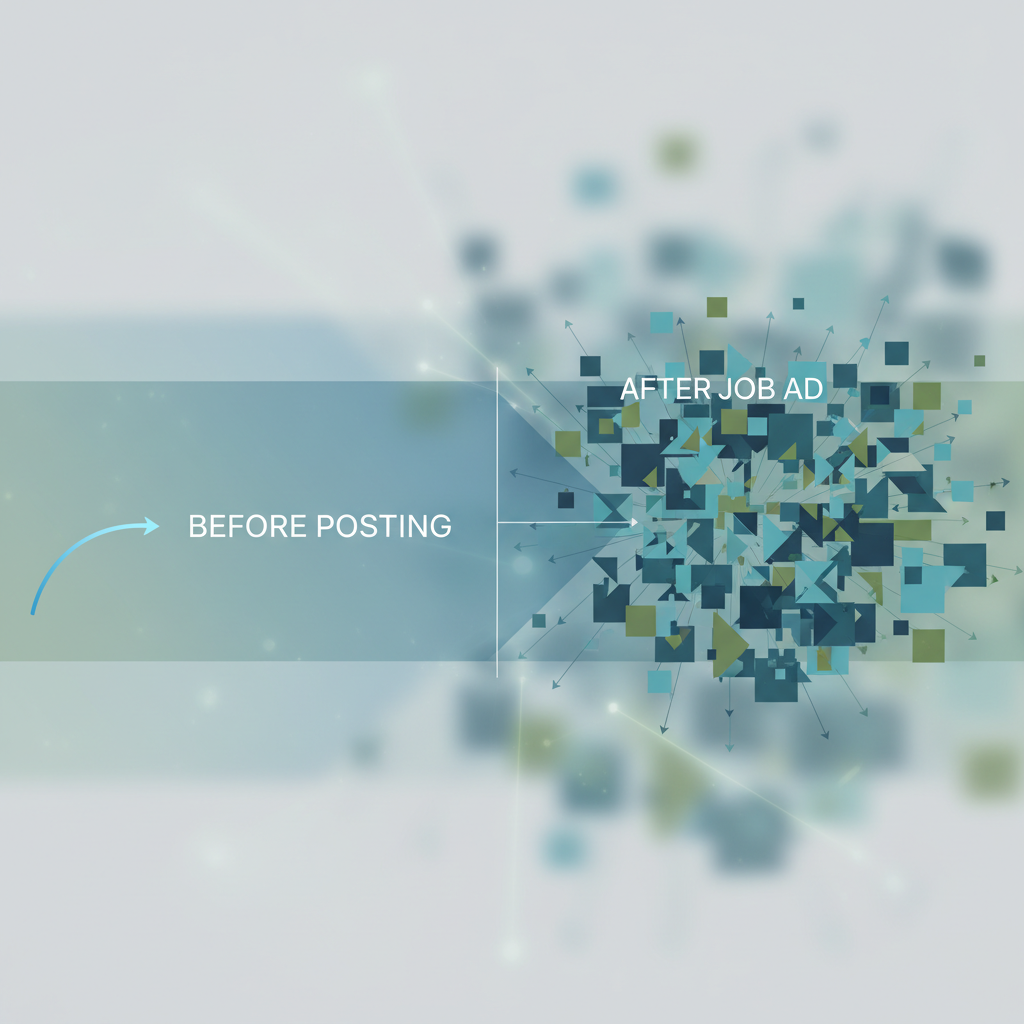 Professional B2B conceptual illustration showing a timeline with two distinct zones: a quiet early window on the left labelled 'before posting' and a crowded competitive zone on the right labelled 'after job ad'. Abstract shapes represent agencies converging on the right zone, with a single arrow moving early into the left zone. Clean, modern, data-themed. No human faces, no logos, muted blues and greens.