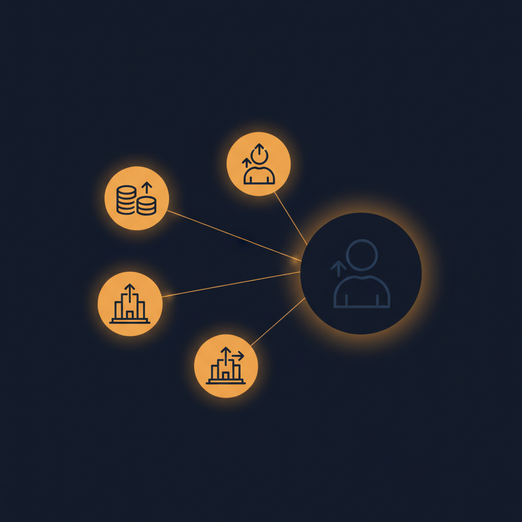 Abstract B2B illustration of interconnected signal nodes: a funding icon, a leadership appointment icon, a building/expansion icon, and a hiring icon. Lines connect the first three to the fourth, suggesting prediction and causality. Flat design, minimal, professional. Colour palette: deep navy and amber. No text, no logos, no human faces.
