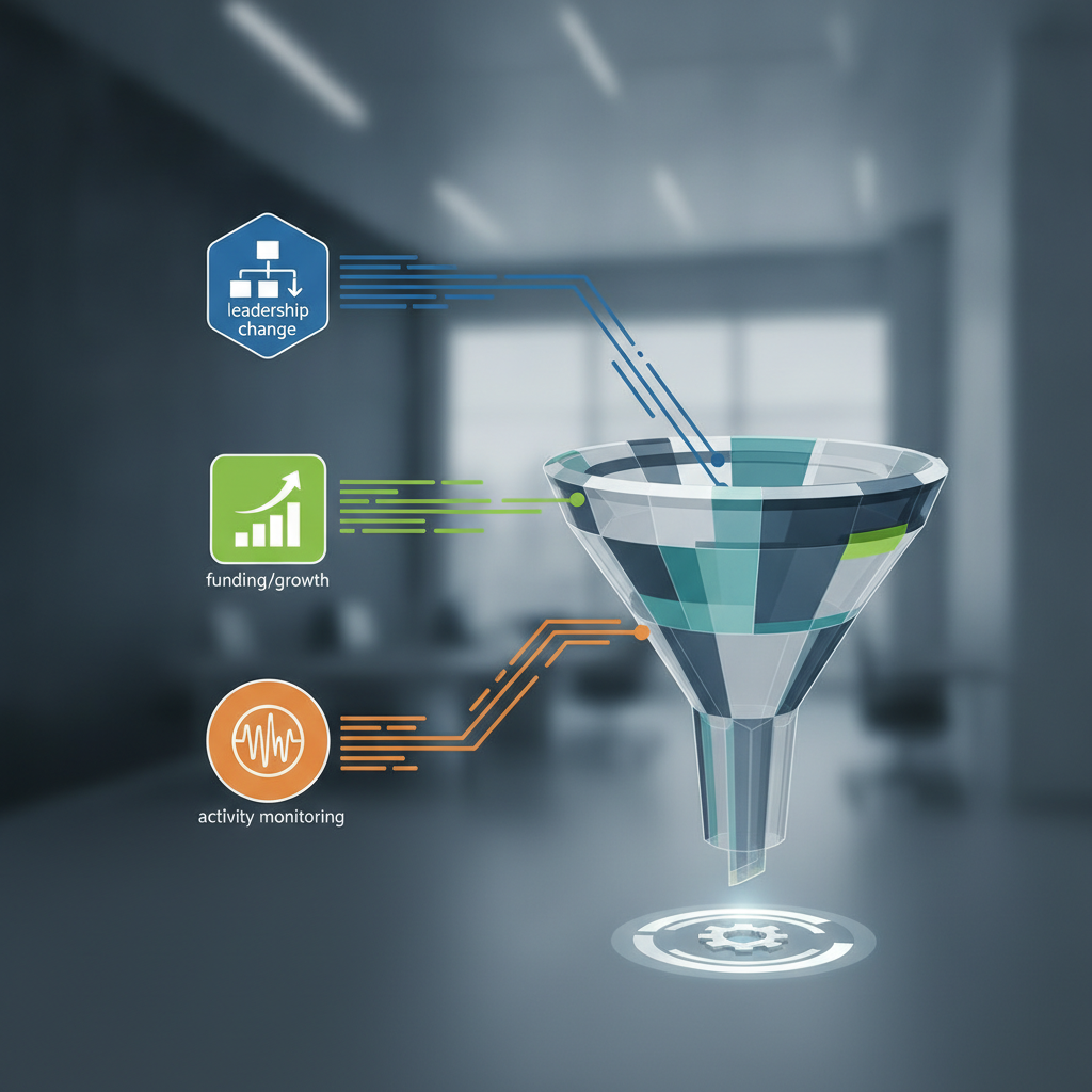 Conceptual illustration of three signal types flowing into a central recruitment funnel or decision point: leadership change icon (organizational chart), funding/growth icon (ascending chart), and activity monitoring icon (data pulse). Use clean geometric shapes and a professional B2B color palette. No people or logos.